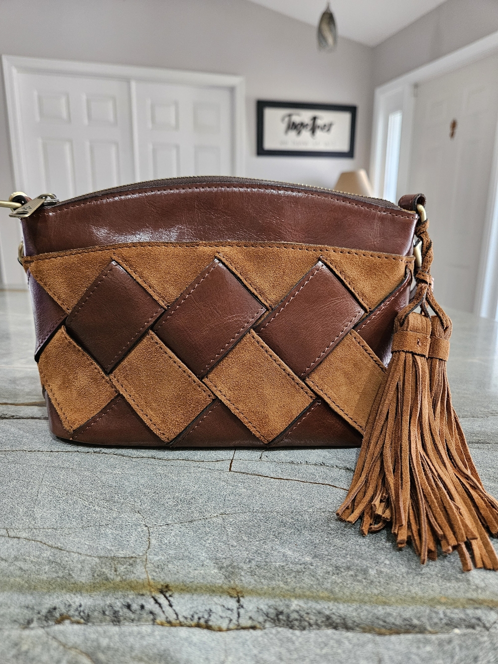 Patricia Nash Arlee Woven Leather Suede Crossbody Cognac NWT